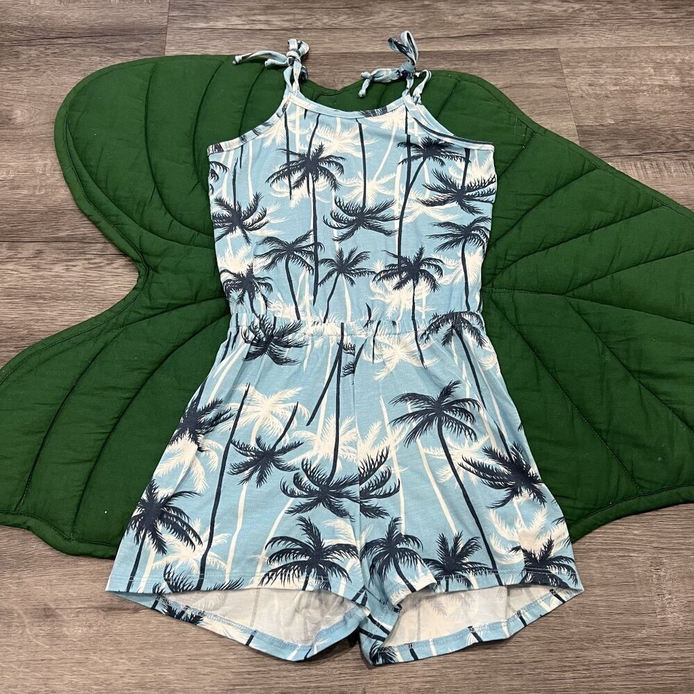 Vermilli Hawaii Girls Small Blue Bells Palm Tree Modal Romper